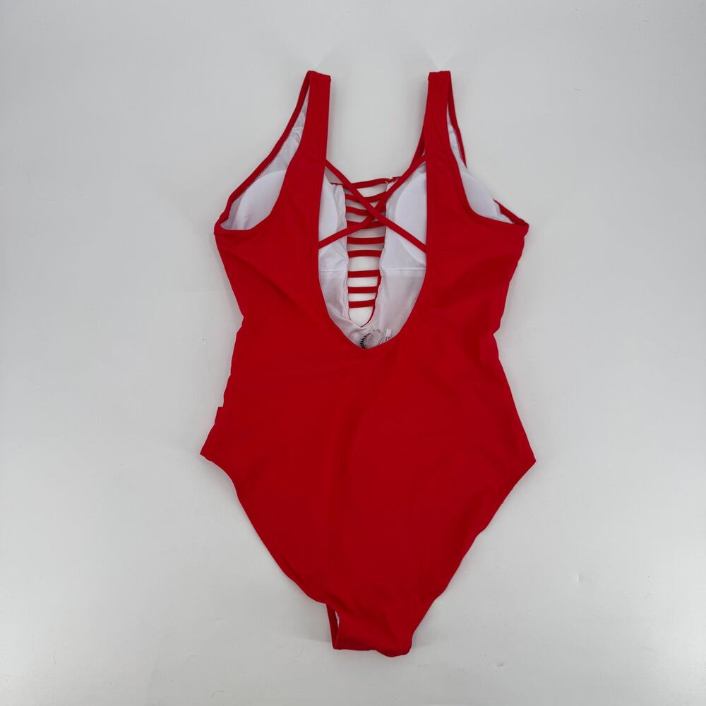 Aqua Eve Womens XL Red Plunge V Neck Sexy Cut Out One Piece Swimsuit NWT - Picture 5 of 7